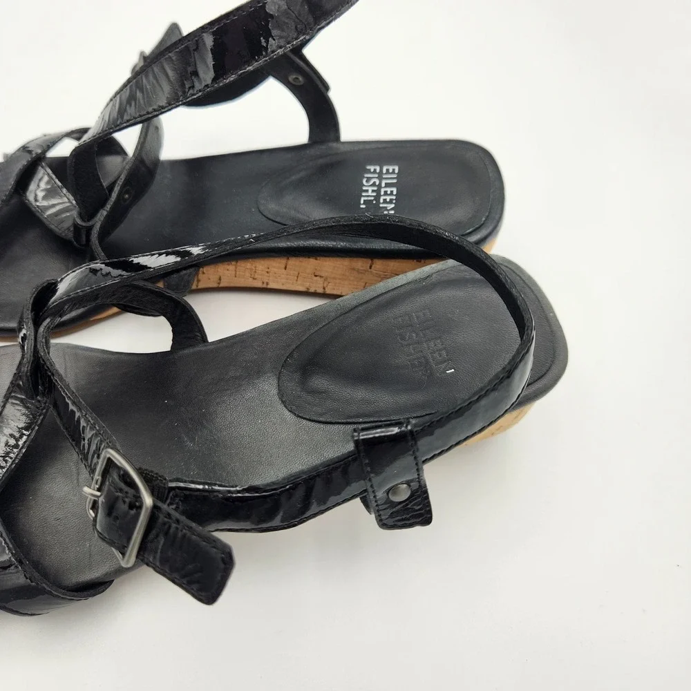 Eileen Fisher Women's Sz 9.5 Black Patent Leather Cork Low Wedge Strappy Sandals